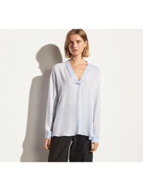 VINCE Silk Georgette Knit Trim Long Sleeve Blouse in Light Blue